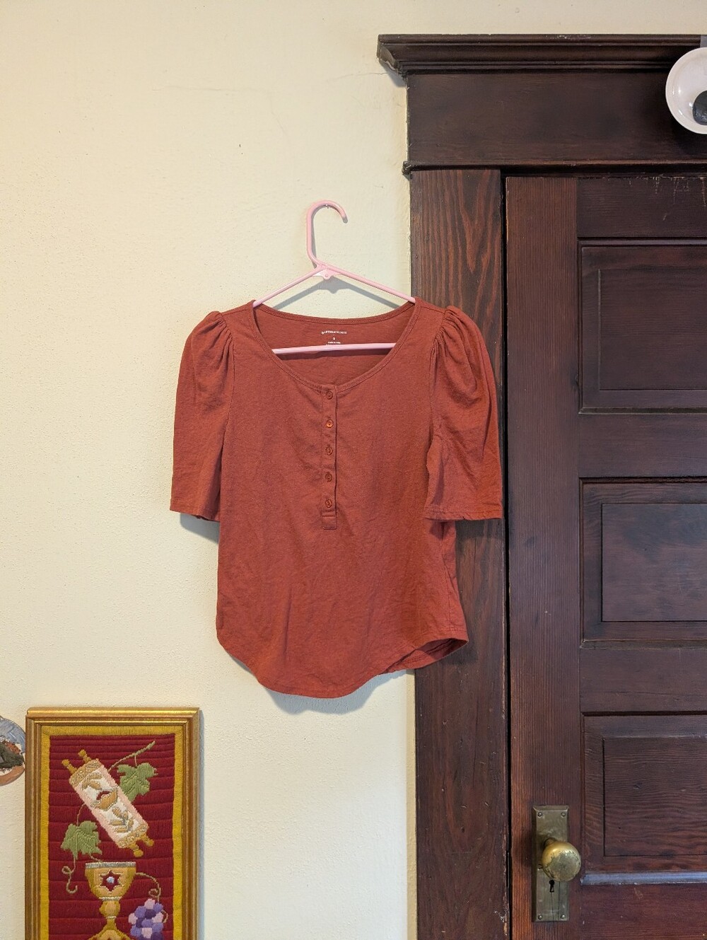 Anthropologie Rusty Orange Cotton Blend Short Sleeve Puff Sleeve Shirt Size S